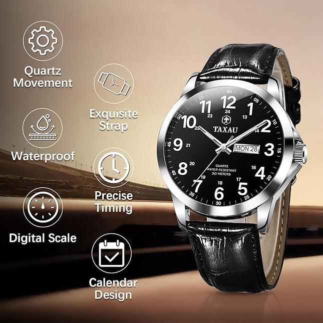 Men's Watches Leather Band Stainless Steel Quartz Analog Watch Luxury Waterproof Watches for Men Dress Men's Wrist Watch with Day Date Arabic Numeral Relojes para Hombre