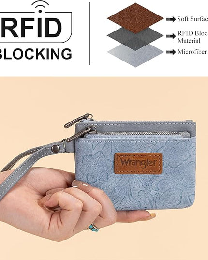 Montana West Wrangler Coin Purse for Women RFID-blocking Floral Embossed Change Pouch Wristlet Wallet Lightweight Portable Wallets Blue