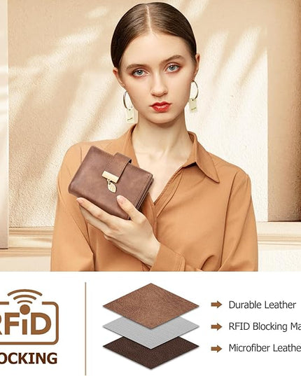 HUANLANG Small Wallets for Women Rfid Blocking Leather Bifold Credit Card Holder Ladies Wallet Zipper Pocket with ID Window