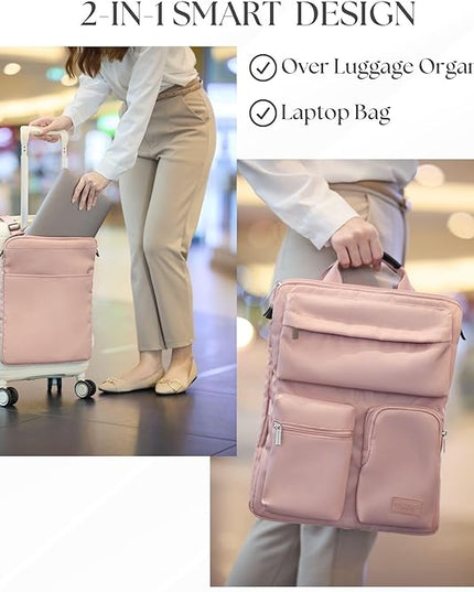 BAREFOOT CARIBOU Over Luggage Organizer for Carry On Bag or Suitcase with Storage Pockets, 16” Laptop Sleeve with Handle, Travel Accessories Bag Slide On Luggage Harness with Adjustable Straps (Pink)