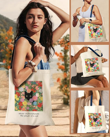 Aesthetic Canvas Tote Bag - Reusable Shoulder Tote Bag for Women Lady Casual Vacation, Shopping, Work, Gym