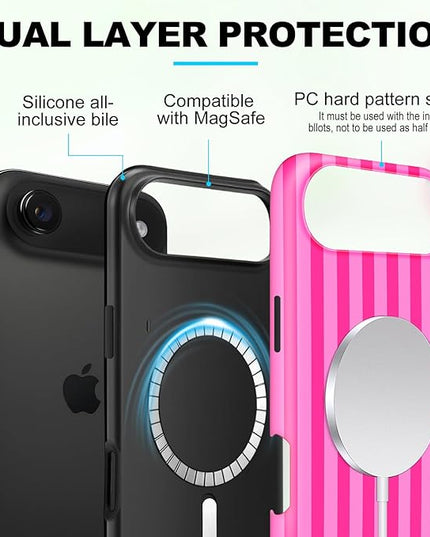 Magnetic for iPhone 17 Air Case Cute Stripes Phone Case, Shockproof Slim TPU and Hard PC Protective Phone Cover Compatible with MagSafe Designed for Women Girls, Deep Pink