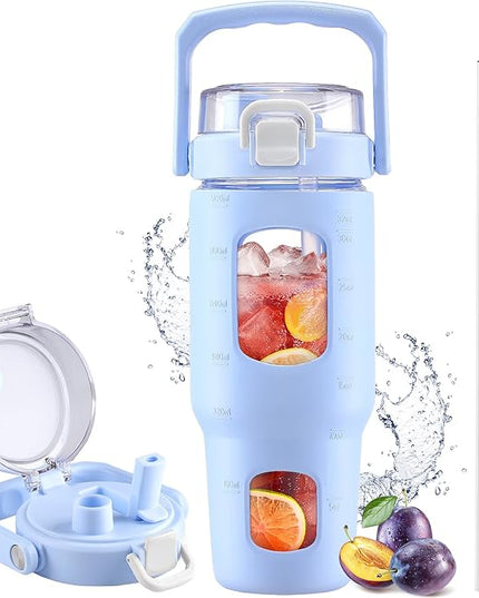 BLUEGO 32oz Glass Tumbler with Lid and Handle, Iced Coffee Cup with Straws, Glass Water Bottle with Silicone Sleeve and Volume, Marker Glass Cup with Time Marking, BPA Free, Blue