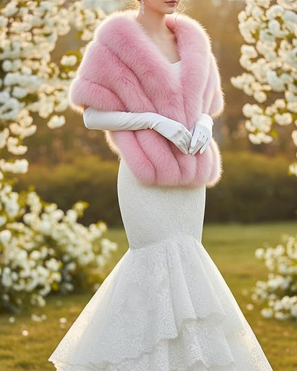 Zhanmai 2 Pcs Winter Long Shawl Cloak Stretchy Glove Opera Bridal Dance Gloves for Women Dress Party Coat