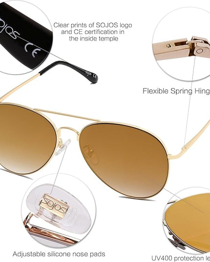 SOJOS Classic Aviator Sunglasses for Women Men Metal Frame Spring Hinges SJ1030