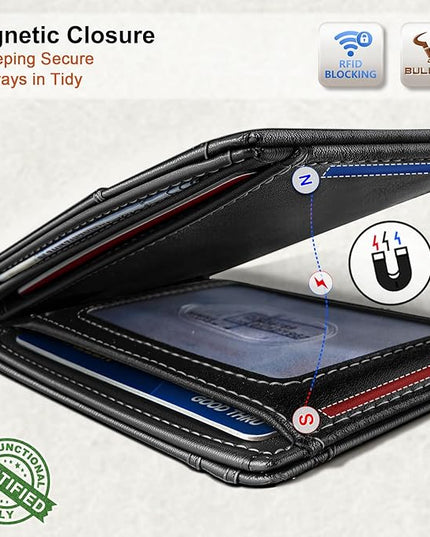 BULLIANT Men Wallet,Slim Leather Wallet Money Clip Magnetic Closure Simplifed Bill Folder 10Cards RFID Blocking 4.3"×3"