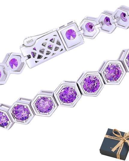 Birthstone Tennis Bracelets for Women Birthday Gifts 925 Sterling Silver Hexagon White Gold Bracelets Round Cut 5A Cubic Zirconia Prong Setting 7 Inch Anniversary Jewelry Gift