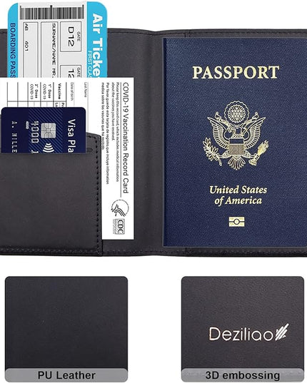 Deziliao Passport Holder,Passport Holder Card Slots, Passport and Vaccine Card Holder Combo, Cute Passport cover for Women and Men, with Waterproof Rfid Blocking, Passport Travel Wallet(Black)