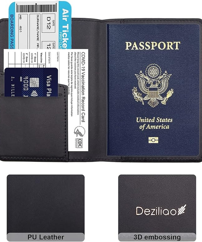 Deziliao Passport Holder,Passport Holder Card Slots, Passport and Vaccine Card Holder Combo, Cute Passport cover for Women and Men, with Waterproof Rfid Blocking, Passport Travel Wallet(Black)