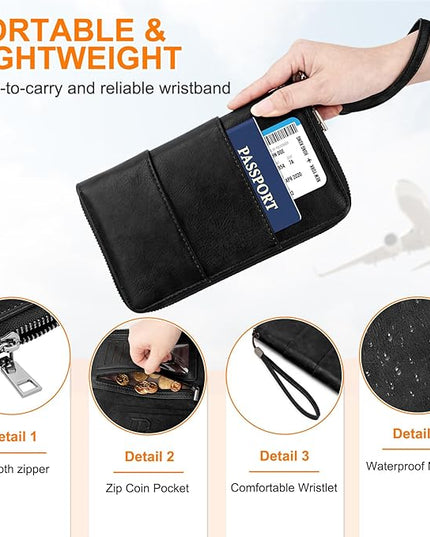 Family Passport Holder Wallet with Zipper, RFID Blocking Travel Document Organizer, PU Leather Passport Wallet for Women Men, Passport Cover Travel Wallet for Boarding Pass, ID, Money, Tickets