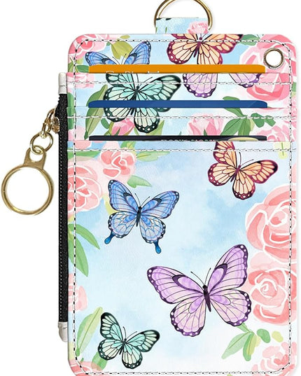Slim Wallet Credit Card Holder, Butterflies and Flowers, RFID Wallet Women Cute Small Front Pocket Wallet With Zipper, PU Leather Thin travel RFID Blocking Card Case ID Window,Ladies Gifts