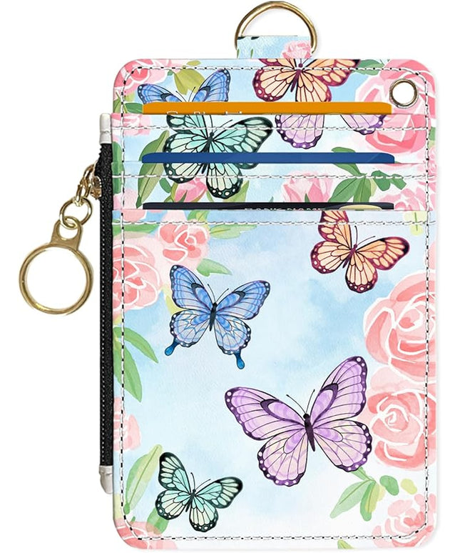 Slim Wallet Credit Card Holder, Butterflies and Flowers, RFID Wallet Women Cute Small Front Pocket Wallet With Zipper, PU Leather Thin travel RFID Blocking Card Case ID Window,Ladies Gifts