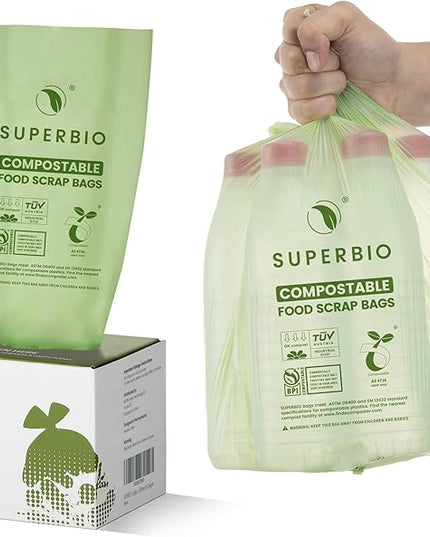 SUPERBIO 2.6 Gallon Compostable Food Waste Bags, 100 Count, 1 Pack, Flat Top Food Scrap Bags， ASTM D6400，Certified by BPI and OK compost INDUSTRIAL,9.84L