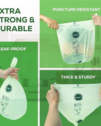 (Include 10 Bonus Bags) ANECO 100% Compostable Waste Bags 2.6 Gallon, Extra Thick Kitchen Small Compost Bags for Countertop Bin, 110 Count (100 + 10 Extra)