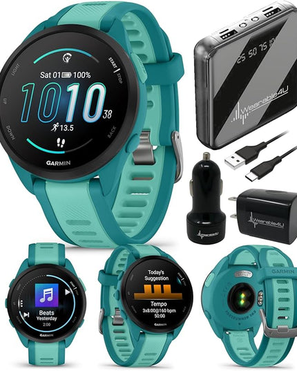 Wearable4U - Garmin Forerunner 165 Music Running Smartwatch, Colorful AMOLED Touchscreen, Training Metrics and Recovery Insights Includes PowerPack and Adapters Bundle, Turquoise/Aqua