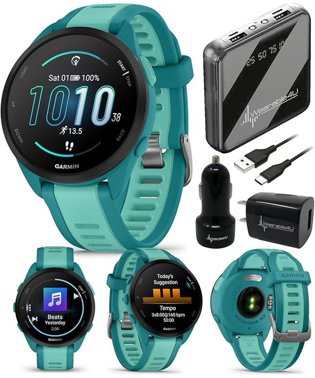 Wearable4U - Garmin Forerunner 165 Music Running Smartwatch, Colorful AMOLED Touchscreen, Training Metrics and Recovery Insights Includes PowerPack and Adapters Bundle, Turquoise/Aqua