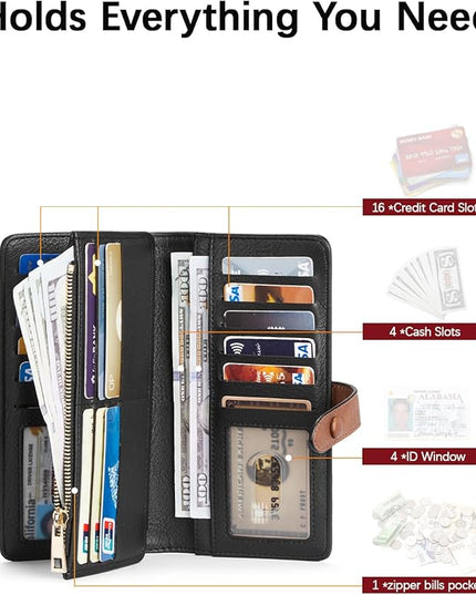BOSTANTEN Womens Leather Wallets RFID Blocking Large Capacity Trifold Card Holder Ladies Phone Clutch Black＆Brown