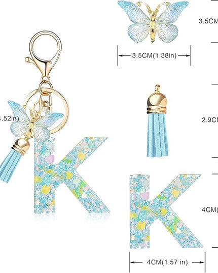 Fashion Alphabet Initial Letter Keychain Tassel Butterfly Pendant Key Ring for Purse Handbags Women Girl