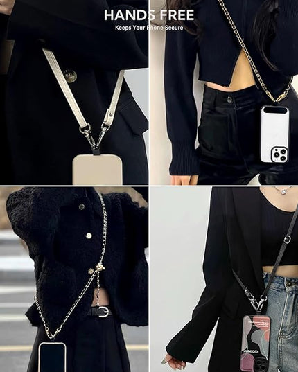 Crossbody Phone Strap with 2 Pads, Leather & Adjustable Finger Strap - Compatible with Most Smartphones (Black)