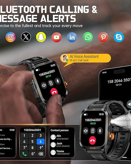 Military Smart Watches for Men (Answer/Make Calls) with Powerful Flashlight 1.96" HD, Outdoor Tactical Smartwatch with Big Battery 880mAh Sport Modes Health Monitor 3ATM for iPhone/Android