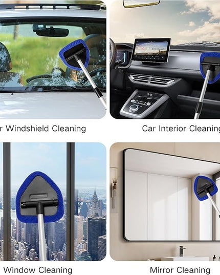 11pcs Windshield Cleaner Tool, Car Window Cleaning Wash Kit with 6 Reusable Microfiber Pads 2 Spray Bottles and Extendable Handles Auto Glass Wiper Kit, Blue