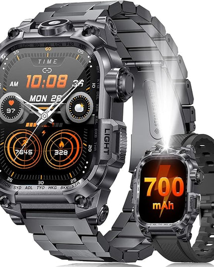 Military Smart Watches for Men(Answer/Make Calls),2.01" HD Screen Sports Smartwatch with LED Flashlight/700mAh Battery,IP68 Waterproof Fitness Tracker for Android iOS,100+Sport Modes,Black