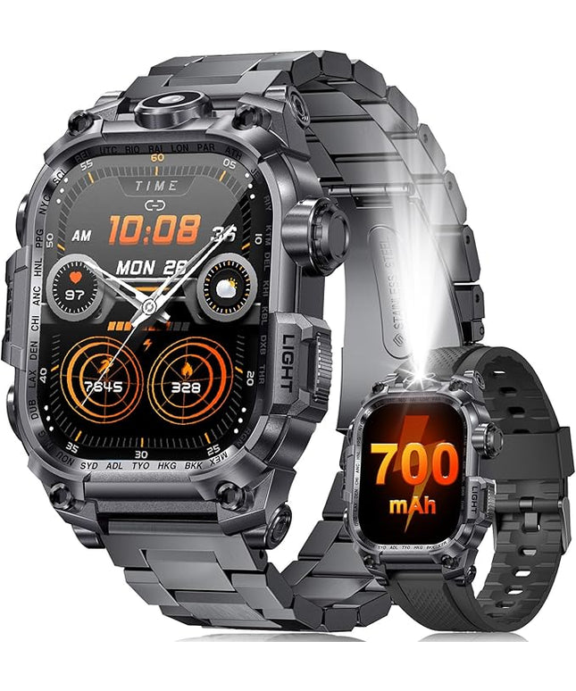Military Smart Watches for Men(Answer/Make Calls),2.01" HD Screen Sports Smartwatch with LED Flashlight/700mAh Battery,IP68 Waterproof Fitness Tracker for Android iOS,100+Sport Modes,Black