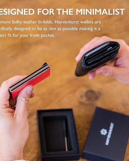 Hayvenhurst Wallet For Men - Reinvented Design Men's Wallet - Slim, Minimalistic & Seamless Card Case, Blocks RFID Scanners, Holds 12 Cards (Crimson)