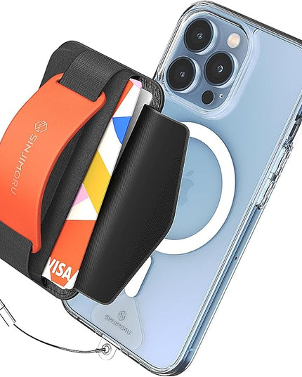 Sinjimoru for 3 in 1 MagSafe Wallet 2600g Magnetic Strength Phone Grip with Stretchy Fabric Secure Flap Anti-Drop Tag Holder for iPhone 16 15 14 13 12 M-BGRIP Clementine