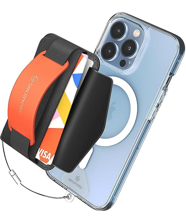 Sinjimoru for 3 in 1 MagSafe Wallet 2600g Magnetic Strength Phone Grip with Stretchy Fabric Secure Flap Anti-Drop Tag Holder for iPhone 16 15 14 13 12 M-BGRIP Clementine