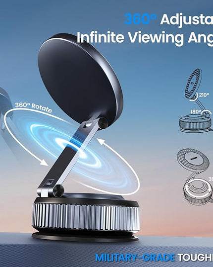 Magnetic Car Phone Holder for Magsafe, Alloy 360° Folding Cell Car Phone Mount with Ultra Stable Suction Cup and Reusable Gel, Dashboard Windshield Stand for iPhone 17-12 Android Pixel Samsung