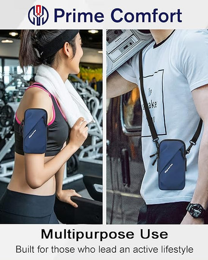 Phone Holder Armband, Small Crossbody Shoulder Holsters Bag with Arm Band, Fits iPhone and Android, Use for Running, Walking, Hiking & Biking (6.7 Inches, Blue)