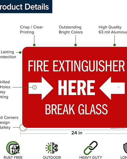 Fire Extinguisher Here Break Glass Sign, 18x24 Inches, Rust Free .063 Aluminum, Fade Resistant, Made in USA by My Sign Center