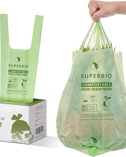 SUPERBIO 3 Gallon Compostable Food Waste Bags, 80 Count, Food Scrap Bags with Handles, ASTM D6400, BPI and OK compost INDUSTRIAL