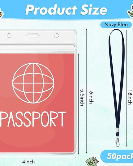 Patelai 50 Pcs 4 x 5.5 Inch Clear Passport Holders with Lanyard Extra Large PVC Card Holder Waterproof Name Badge Holder for Cruise Vacation Credit Card Plane Ticket Receipt (Navy Blue)