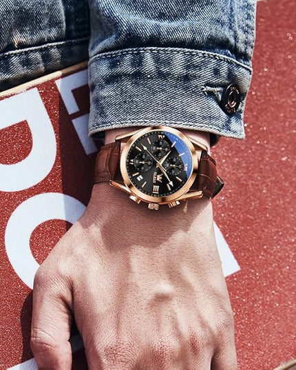 OLEVS Men's Watches Leather Strap Analog Quartz Watch, Fashion Big Dial Date Waterproof Watch, Dress Luxury Luminous Men Watches