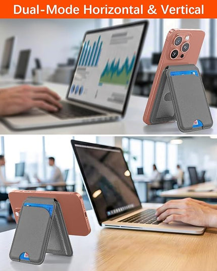 for Magsafe Wallet, Phone Cardholder with Adjustable Stand, Magnetic Card Holder with 3 Card Slots, Magnetic Wallet for iPhone 16/15/14/13/12 Series, Not for iPhone 13/12 Mini(Gray, Leather)