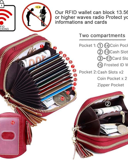 APHISON RFID Credit Card Holder Zipper Card Case Keychain Small Wallet for Women 1942-2 RED