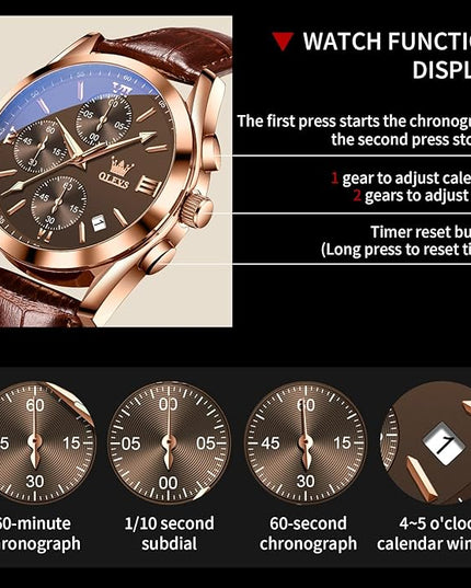 OLEVS Leather Chronograph Watch Men - Leather Strap (Brown/Black), Work Luminous Waterproof Analog Quartz Dress Wrist Watch with Blue/Black/Brown/White Dial