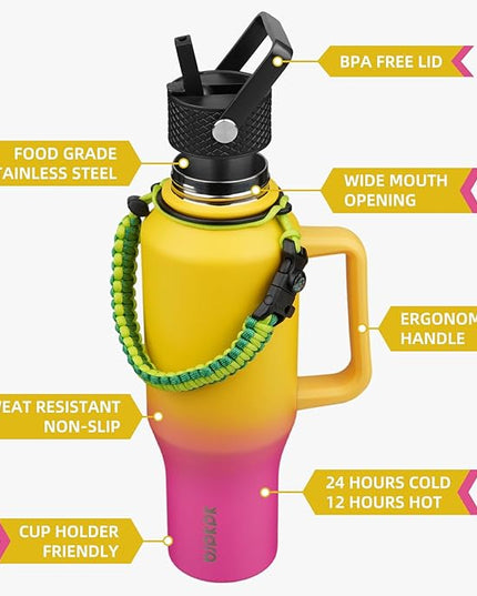 BJPKPK Insulated Water Bottles with Straw Lid, 40oz Metal Water Bottle with 2 lids & Paracord Strap, Double Wall Stainless Steel Tumbler with Handle, Reusable Cups, Mugs, Thermo, Pink & Yellow Rose