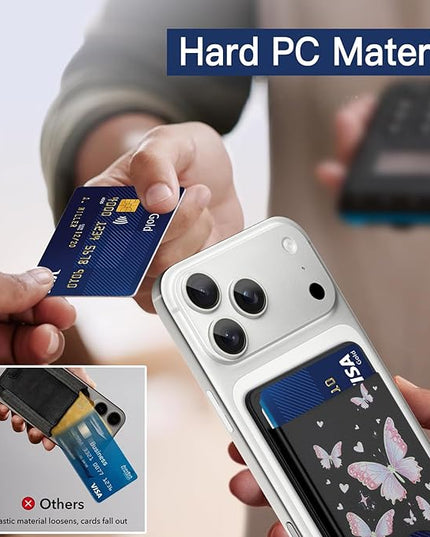 Stronger Magnetic Card Slot Wallet for iPhone 17/16/15/14/13/12 Series (Not for 13/12 Mini), Butterfly Pattern Hard Card Holder Fit 3 Cards Compatible with Magsafe Accessories, Black
