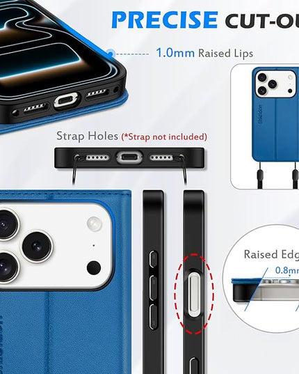 SHIELDON Genuine Leather Case Wallet for iPhone 17 Pro 6.3 Inch 2025 | Kickstand | RFID Blocking 3 Credit Card Holder | Flip Magnetic Closure | Shockproof Phone Cover | Sapphire Blue