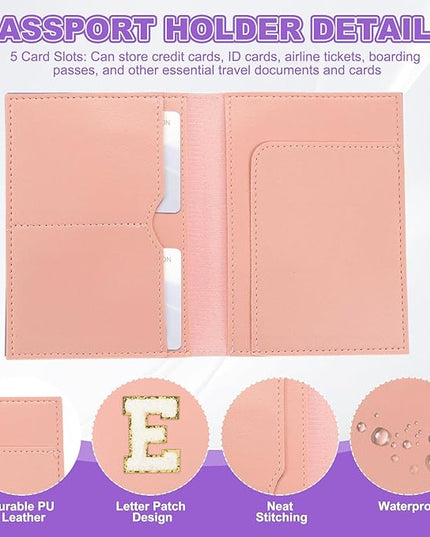 PATIKIL Passport Holder for Travel, Initial Passport Cover and Luggage Tag Set with Alphabet Chenille Letter Patch Travel Wallet Bag Suitcase Identifier for Women Family Travel Pink E