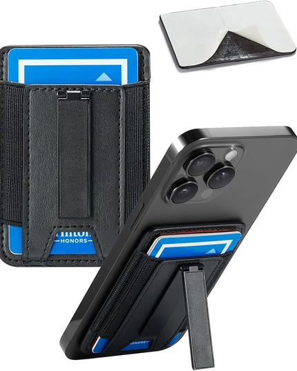 BIAJIYA Phone Wallet Sticky Back with Stand - Holds 6 Cards for iPhone & Samsung, Ultra Thin Leather & Stretch Fabric Card Holder (LiBlack)