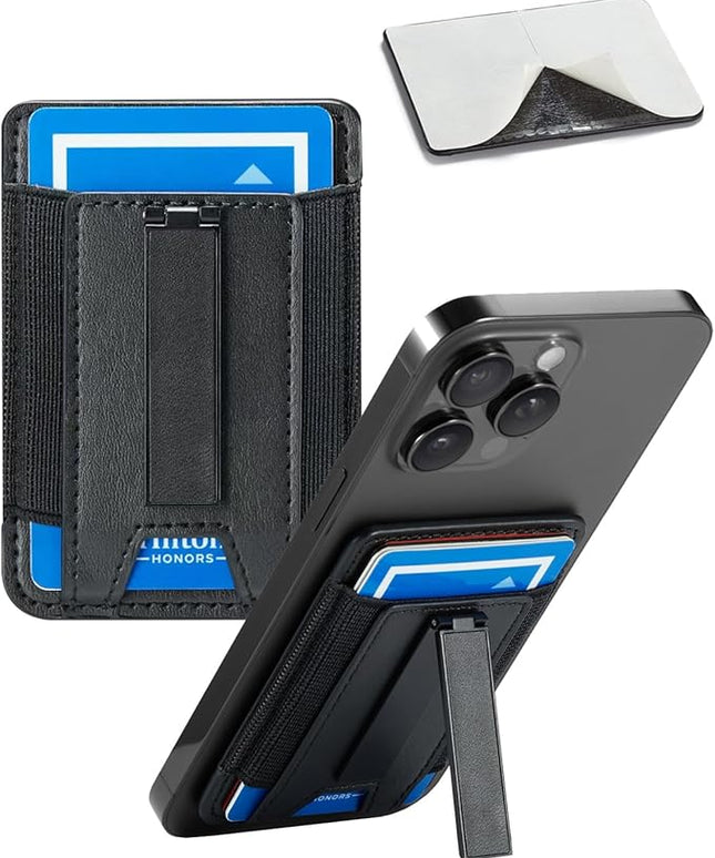 BIAJIYA Phone Wallet Sticky Back with Stand - Holds 6 Cards for iPhone & Samsung, Ultra Thin Leather & Stretch Fabric Card Holder (LiBlack)