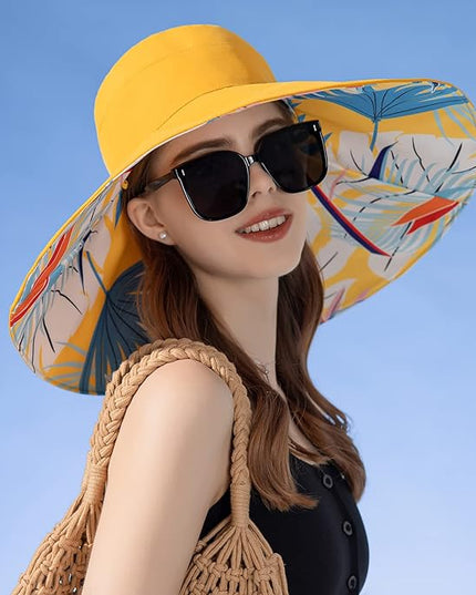 HUAMULAN Women Summer Sun Hat Wide Brim Wired Edge Floral Beach Bucket Hats Reversible Foldable Travel UV Protection Lady Hat