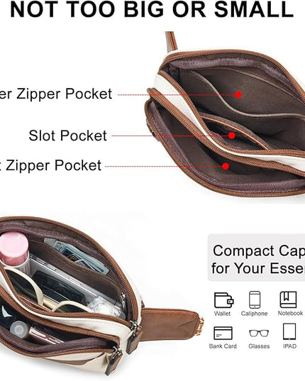 LATMAP 3L Fanny Packs for Women Cross Body Bag Vegan Leather Chest Belt Bag Fashion Waist Pack Small Bum Bag Crossbody for Travel Running Workout, Beige with Brown