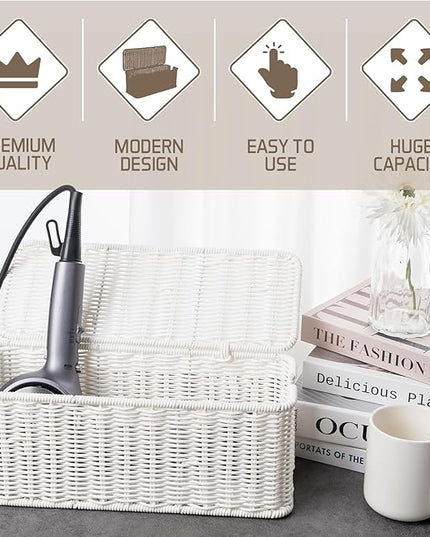 Cable Management Box, Handmade Rattan Cable Organizer with 2 Open Slots, Cord Hider for Power Strip, Router & USB Hub, Registered U.S. Design Patent (D1,112,102), 13" x 5.1" x 5.1", White