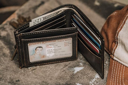 House of Jack Co. Bass Wallet for Men, Double ID Bifold, Full Grain Leather Fishing Wallet, Ideal Gift for Men, Black