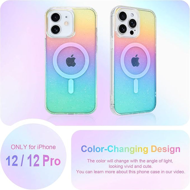 Glitter Case for iPhone 12 & 12 Pro Case for Women Girls [ Compatible with Magsafe ] Clear Cute Girly Aesthetic Iridescent Rainbow Sparkly Bling Magnetic Phone Cover, Gradient Blue & Pink